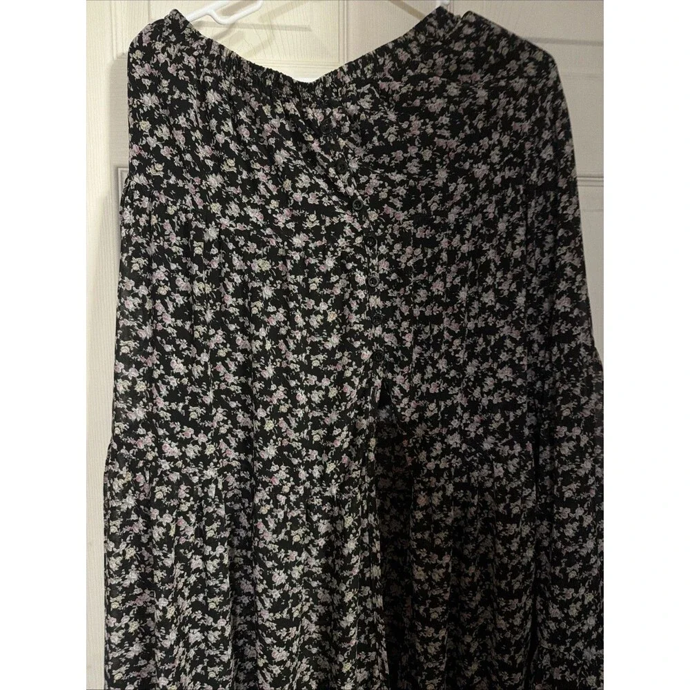 Lulus Black Violet Floral Skirt Front Button Slit Boho Cottage Midi Size Medium